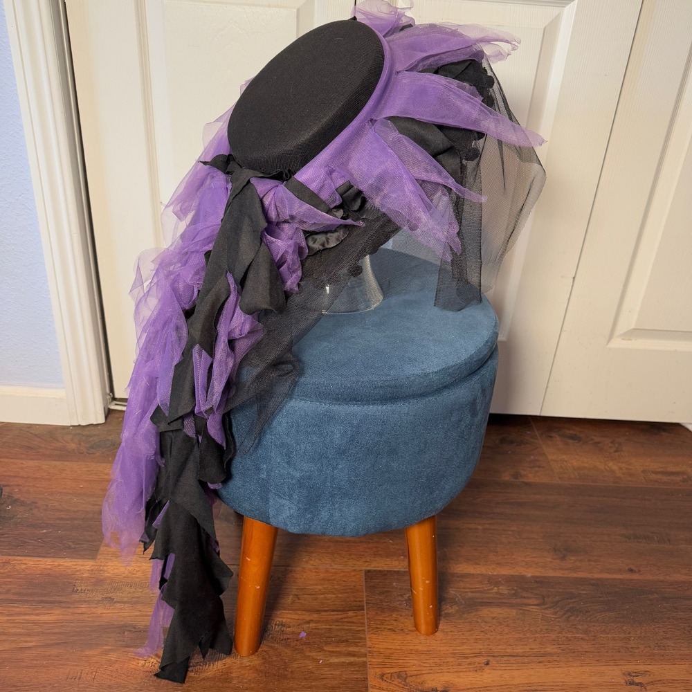 Womens Purple Black Halloween Costume Hat with netting, fringe, and flowers
